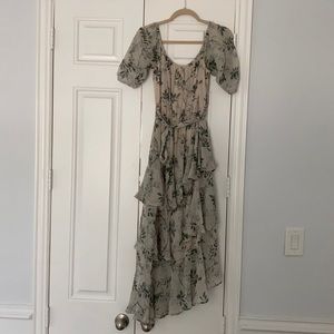 Ruffle green & taupe midi dress